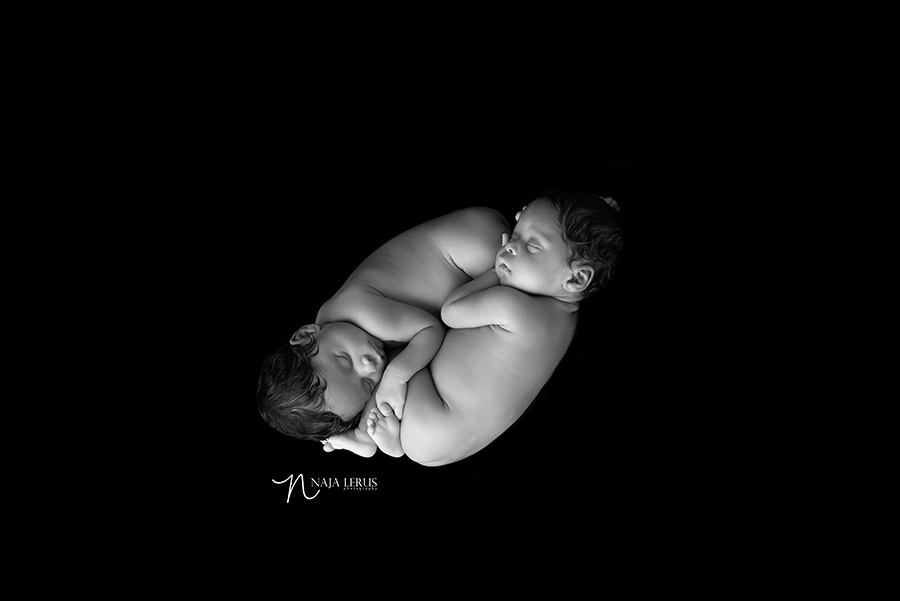 dramatic black and white with twin baby girls chicago il