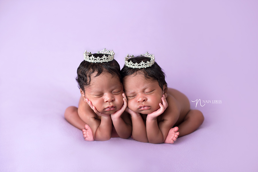 newborn girls in frog pose with crowns chicago IL