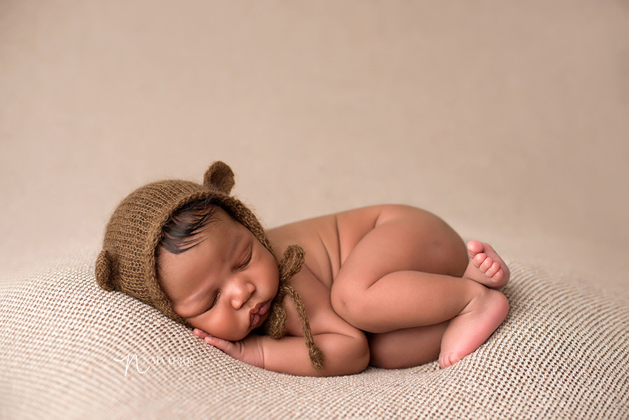 lace teddy bear newborn hat prop on baby boy chicago IL