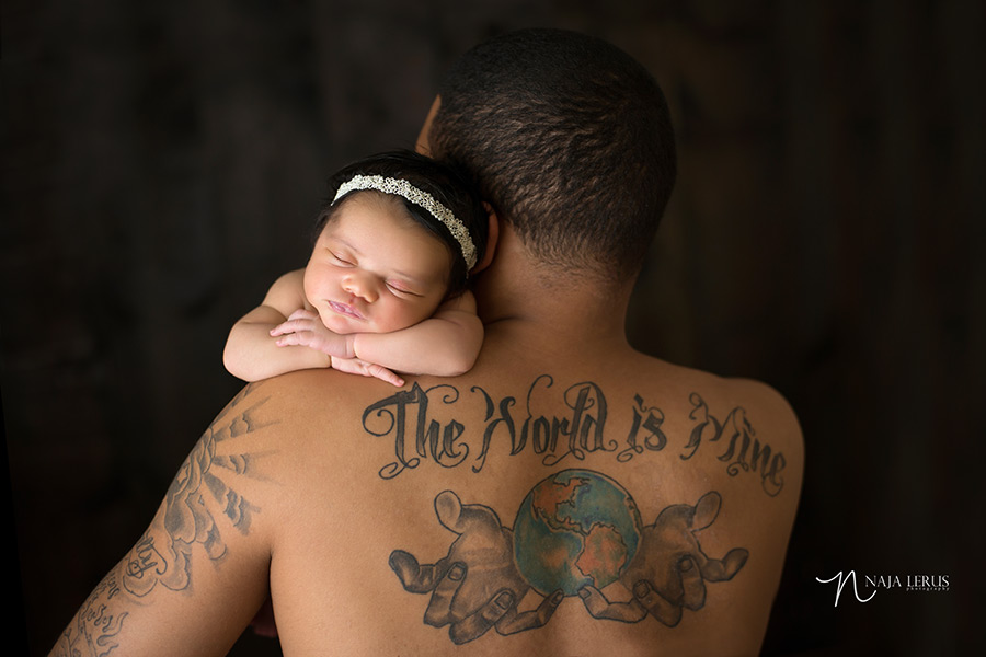 the world is mine newborn daddy shot picture, baby on daddy's shoulder portraits chicago il