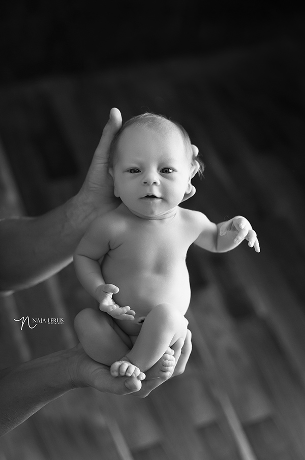 black and white newborn looking at camera chicago IL newborn pictures