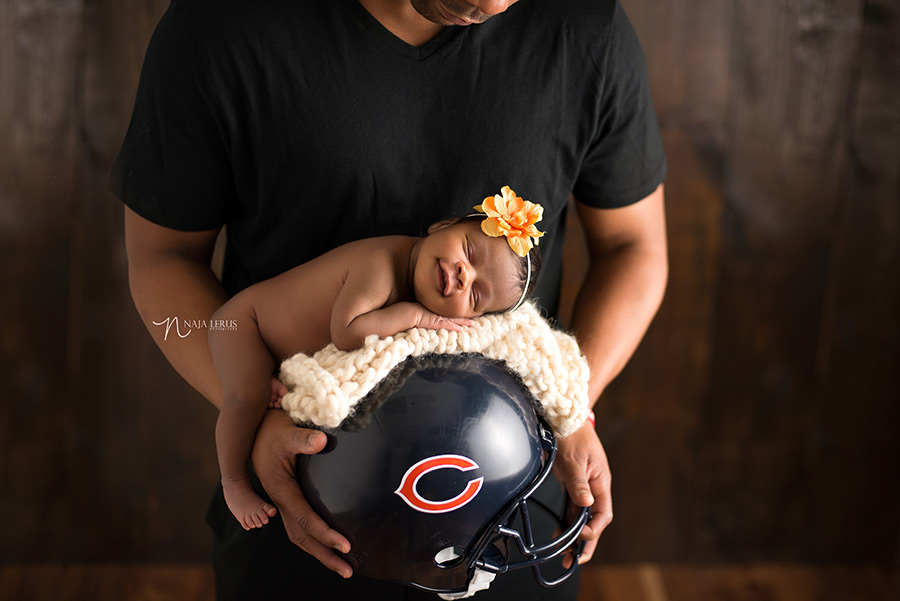 chicago bears newborn pose on helmet prop
